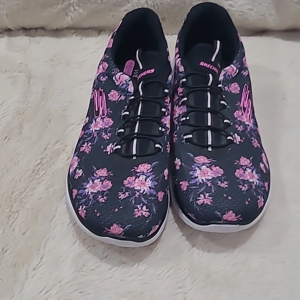 Skechers Women's Black and Pink Floral Sneakers - Picture 2 of 6